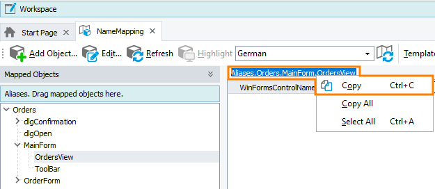 Copying an alias from the Name Mapping editor