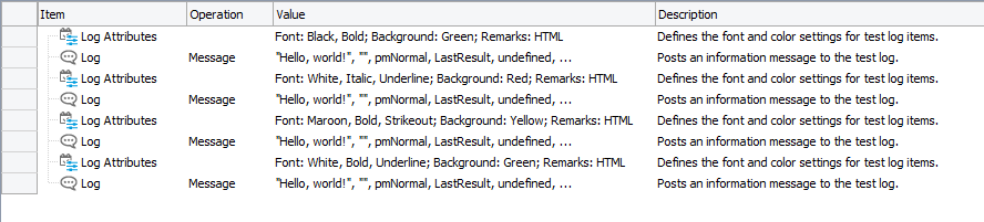 A sample test with the Log Attributes and Log Message operations