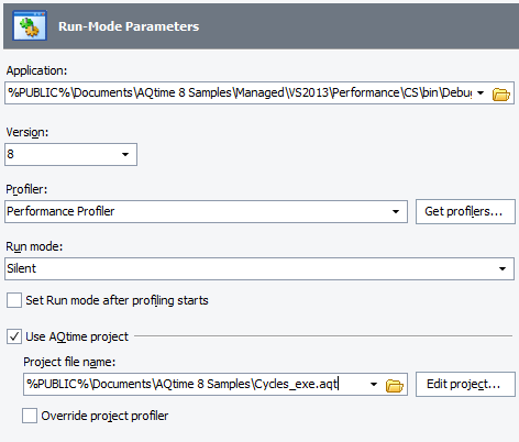 Profiling settings for a tested application