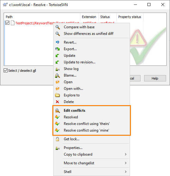 Resolving Conflicts via TortoiseSVN Resolve Dialog