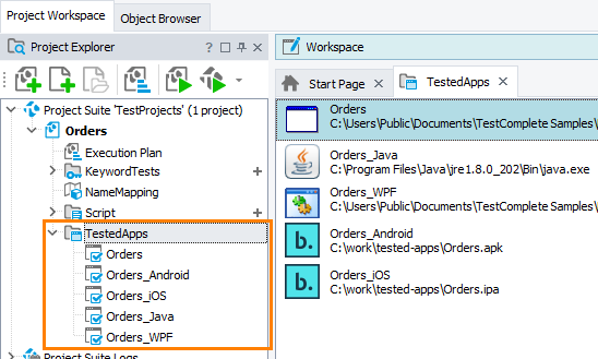 List of tested applications in the Project Explorer