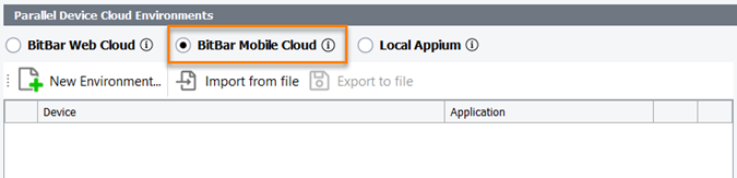 The Parallel Device Cloud Environments panel - The BitBar Mobile Cloud mode