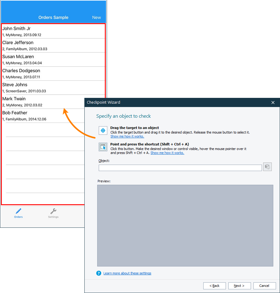 Testing Xamarin.Forms applications tutorial: Select the Orders list to check