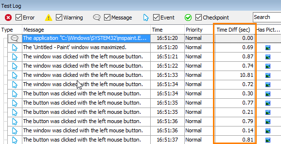 Functional testing with TestComplete: New Time Diff column in the test log