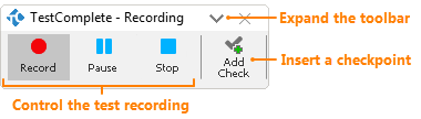 Recording toolbar in TestComplete 12.3 - Collapsed