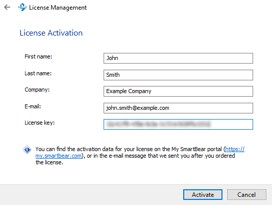 License activation: Entering license details