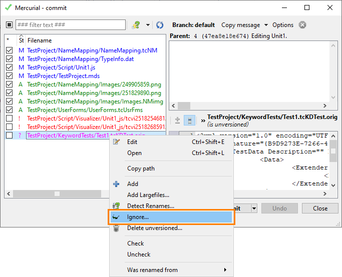 Ignoring Files via TortoiseHg Commit Dialog