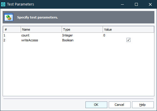 Test Parameters dialog