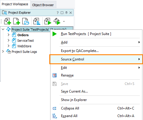 Automated testing with TestComplete: The Source Control menu command