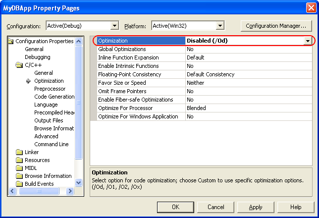 Project Properties: Optimization property page