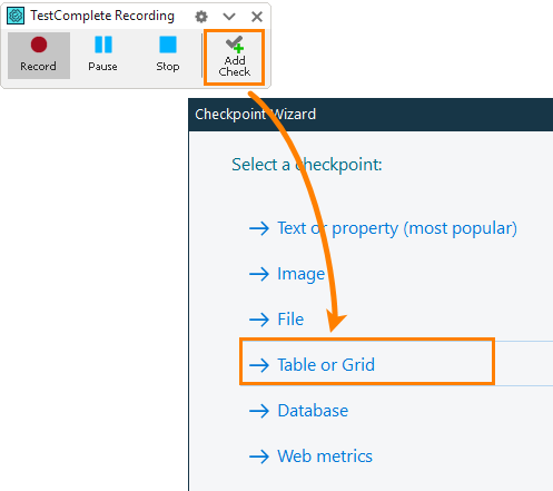 Table Checkpoint: Selecting the checkpoint type