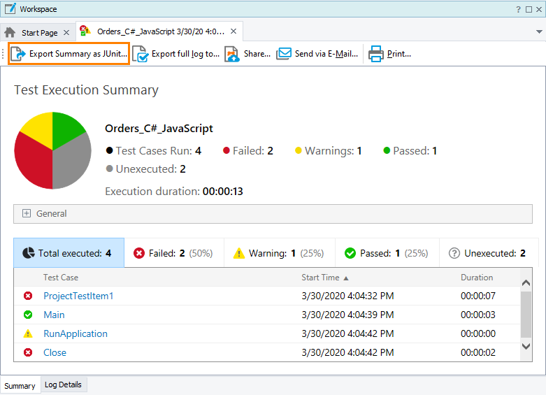 Exporting the Summary report to JUnit in TestComplete