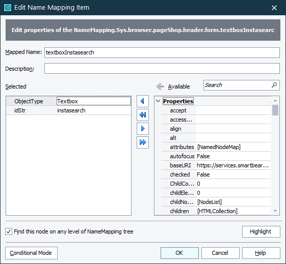 Edit Name Mapping Item dialog - Basic mode