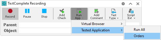 Running an application during test recording