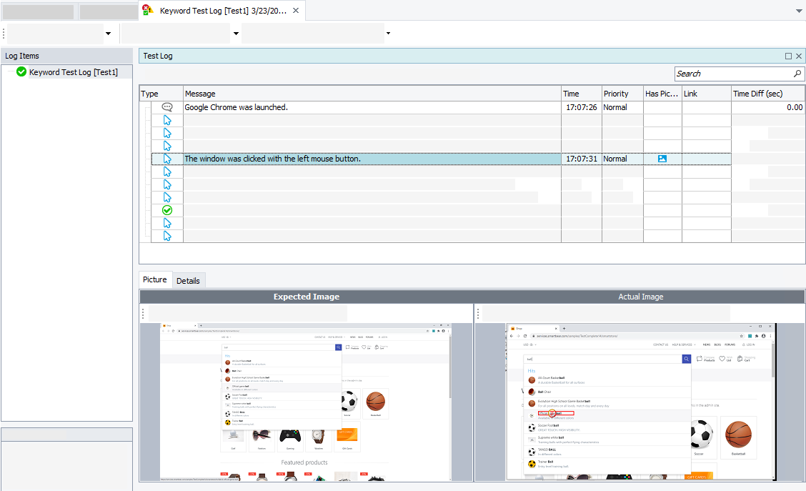 Getting Started with TestComplete (Web): The sample test log