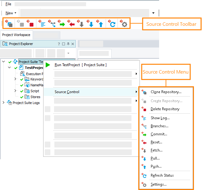 Source Control menu and Source Control toolbar with Git integration enabled.