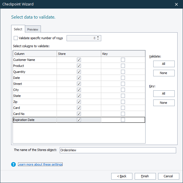 Table Checkpoints: The Select Data to Validate page of the Table Checkpoint wizard