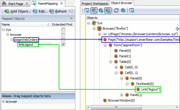 Objects in Name Mapping and the corresponding objects in the Object Browser