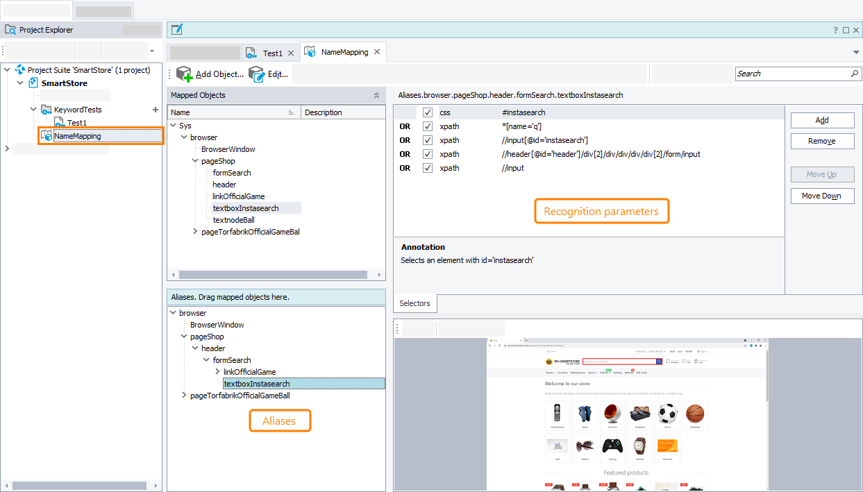 Getting Started with TestComplete (Web): Name Mapping