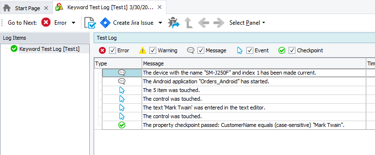 Testing Xamarin.Forms applications tutorial: Results of the test run on the Android device