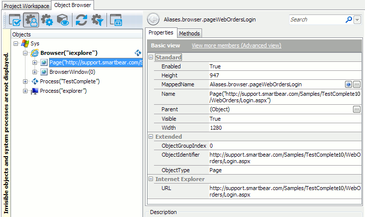 Browser, BrowserWindow and Page test objects in the Object Browser