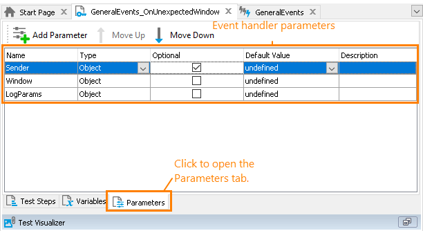 Automated testing with TestComplete: Keyword-test event handler parameters