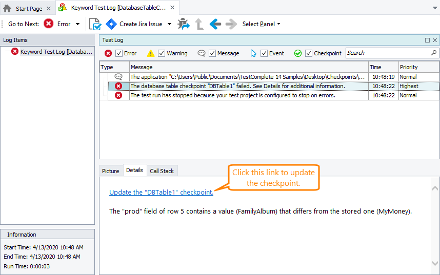 Updating DBTable checkpoint from the test log.