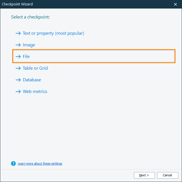XML Checkpoint: Selecting checkpoint type