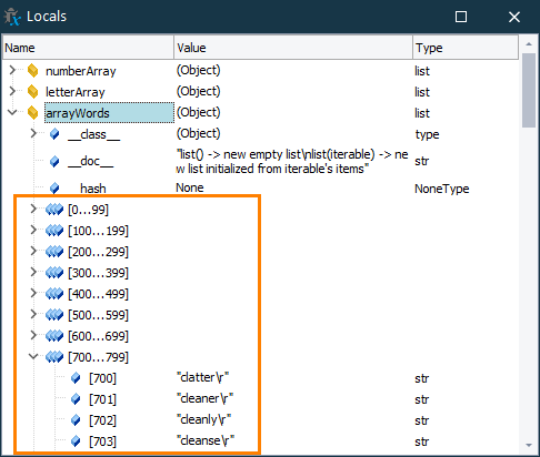 Index groups in the Locals panel