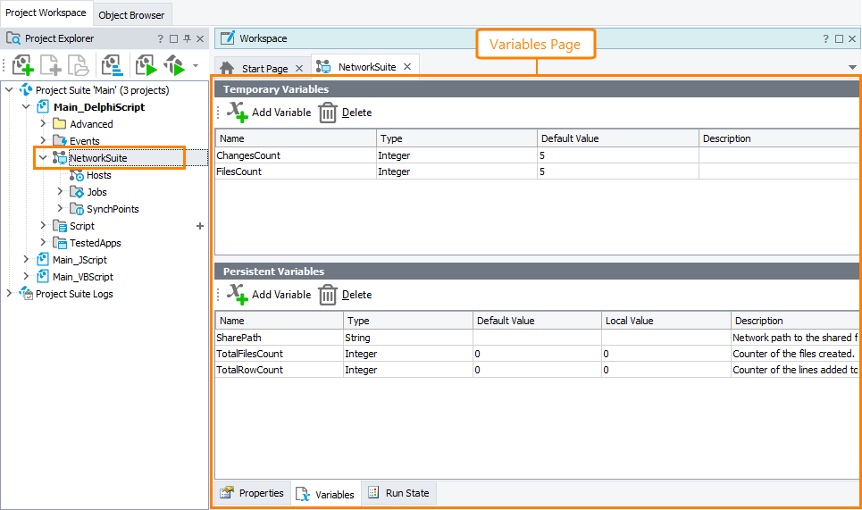 Variables page of the Network Suite editor