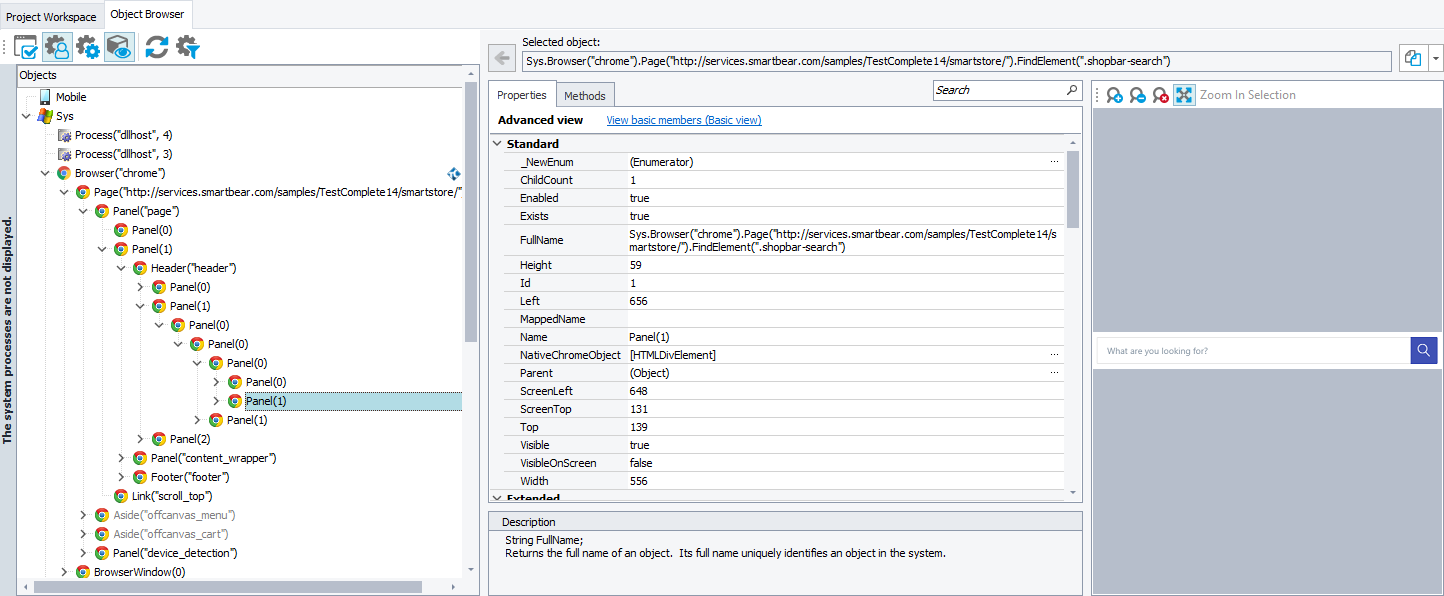 Object properties listed in the Object Browser panel