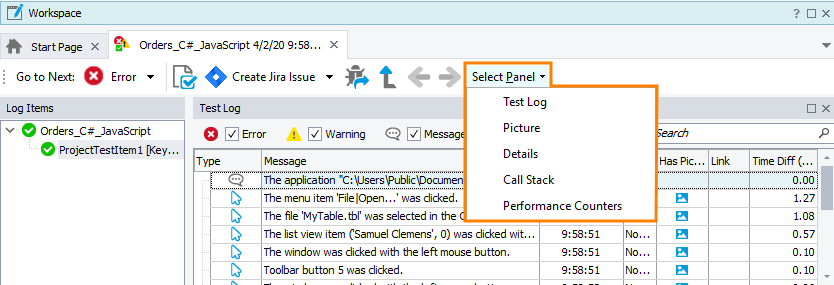 Select log panel on the Log toolbar