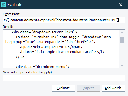 Viewing the tested web page source code in the Evaluate dialog