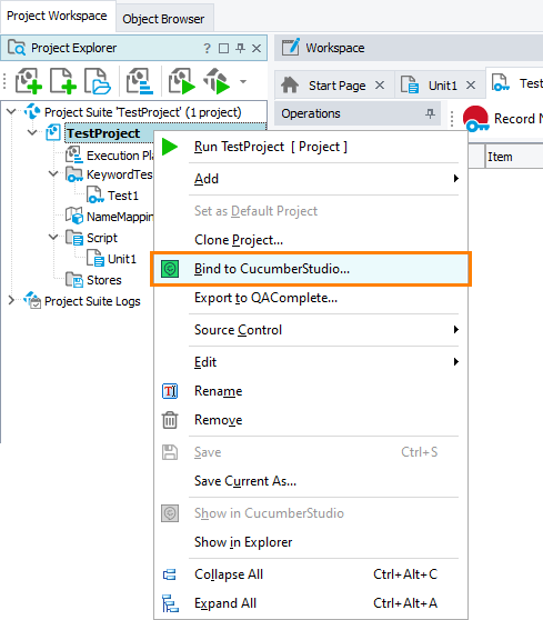 Bind to CucumberStudio item in the context menu