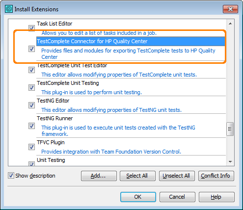 Selecting TestComplete Connector plugin