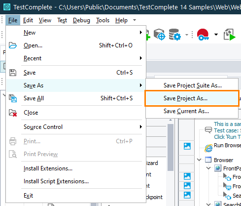 Creating a backup copy of a TestComplete project from TestComplete IDE