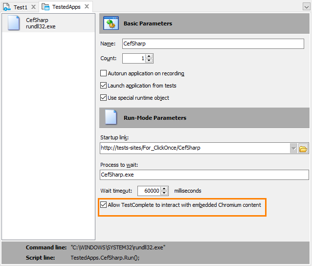 A CEF-based application launched by using the ClickOnce technology in the TestedApps editor A CEF-based application launched by the ClickOnce technology in the TestedApps editor