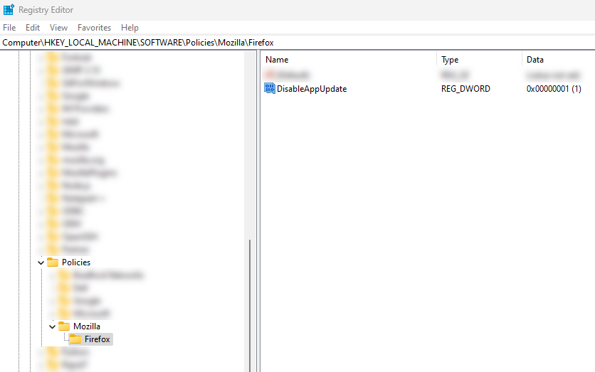 Registry Editor with the new Mozilla Firefox key and its value Registry Editor with the new Mozilla Firefox key and its value
