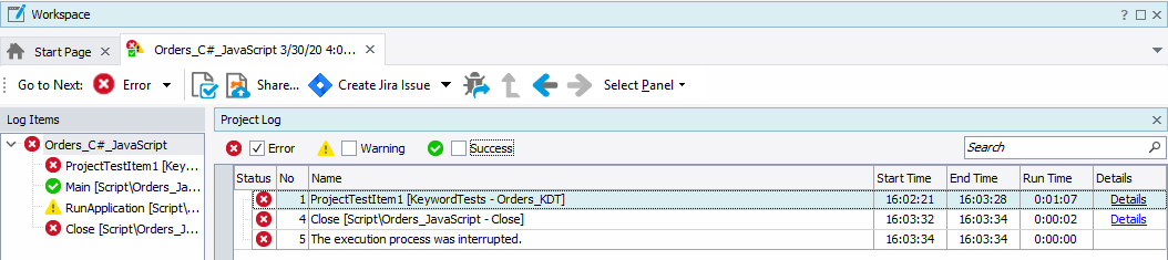 Error messages in the test log Error messages in the test log