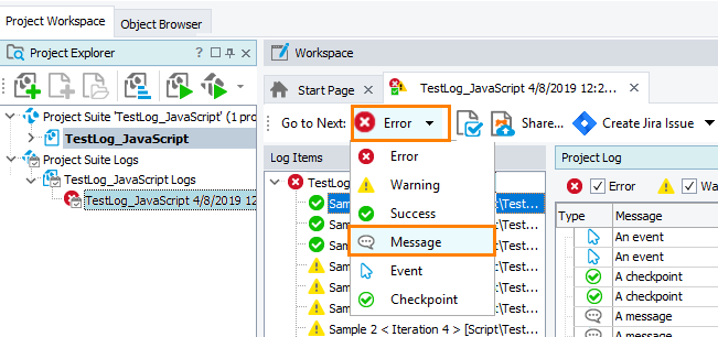 Select the type of message to which you want to navigate from the Log toolbar Select the type of message to which you want to navigate from the Log toolbar