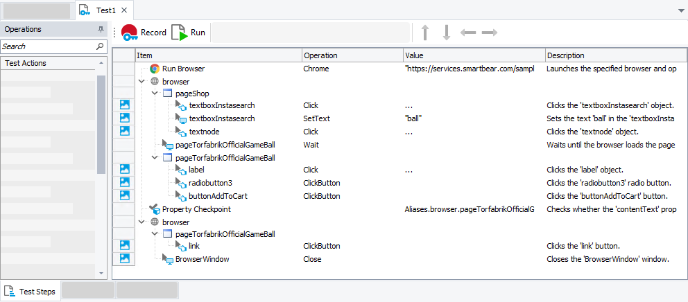 The recorded test Getting Started with TestComplete (Web): The recorded test