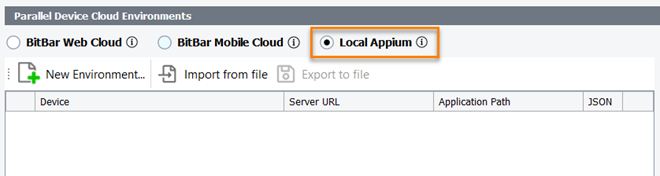 The Parallel Device Cloud Environments panel - The Local Appium mode The Parallel Device Cloud Environments panel - The Local Appium mode