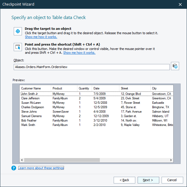 Table Checkpoints: Selecting Table Object Table Checkpoints: Selecting table object