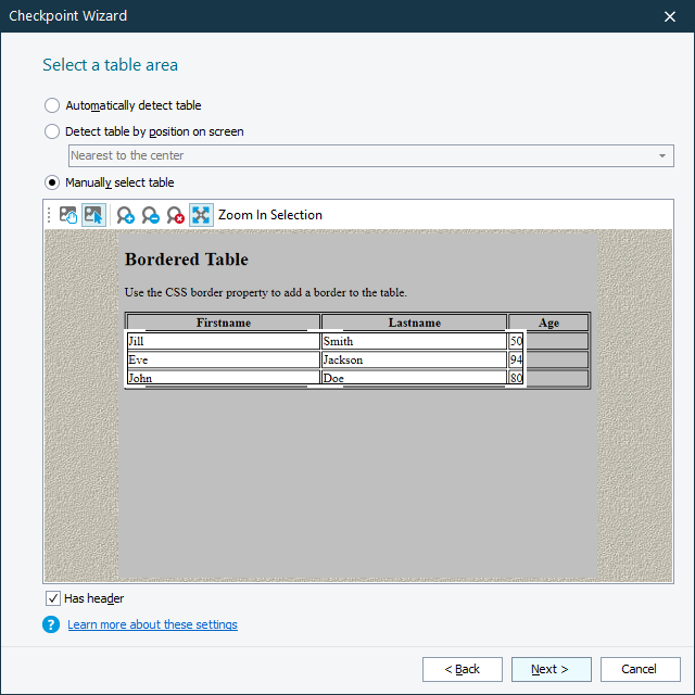 Selecting the table area Table Checkpoints: Selecting the table area