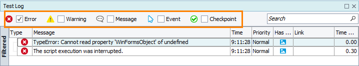 Error messages in the test log Error messages in the test log