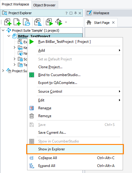 Showing the project file in Explorer Showing the project file in Explorer
