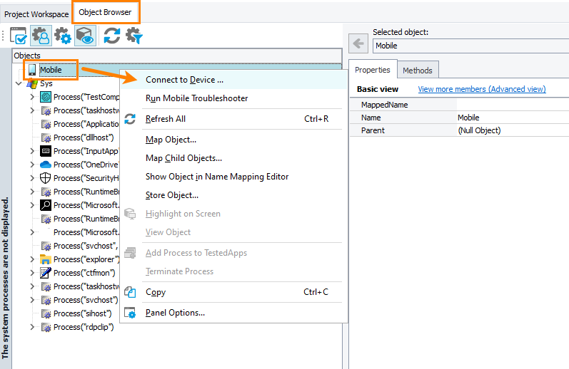 Opening the Connect to Device dialog from the Object Browser Opening the Connect to Device dialog from the Object Browser