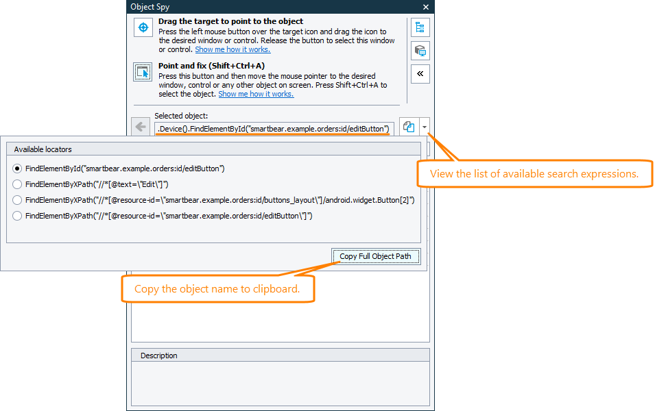 Copying the object identifier in the Object Browser Copying object identifier in Object Browser