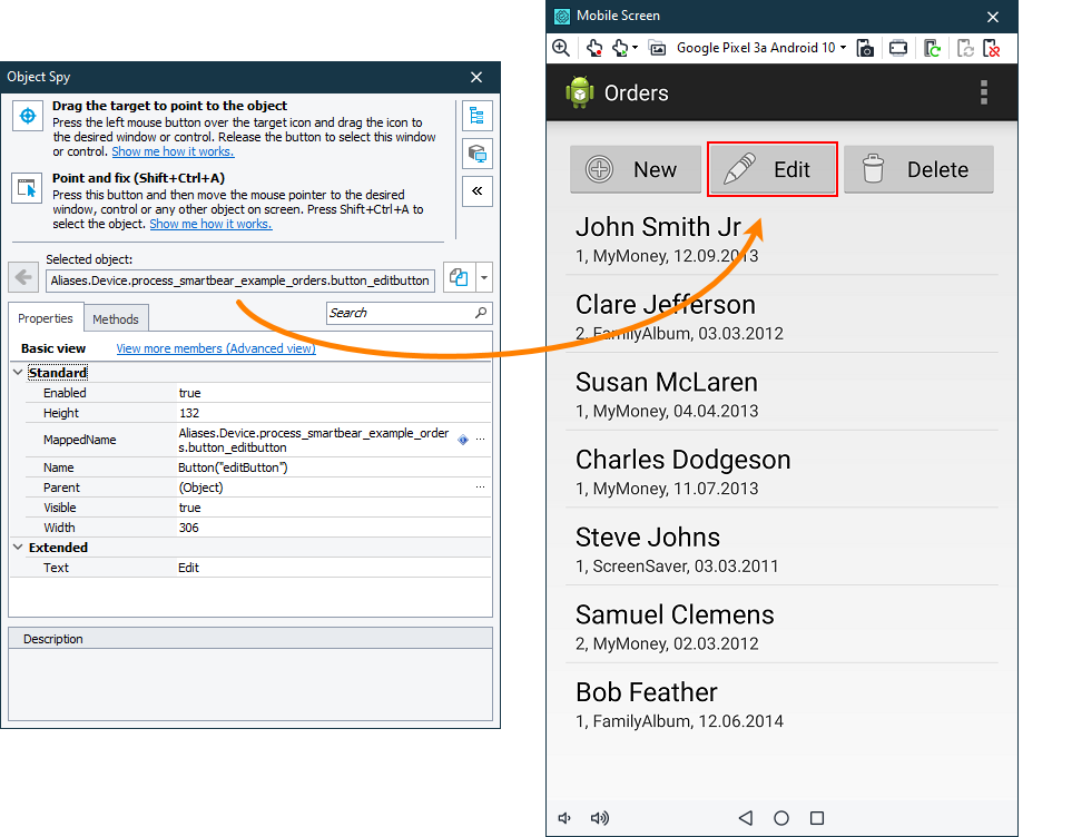 Selecting the object with the Object Spy Selecting the object with the Object Spy