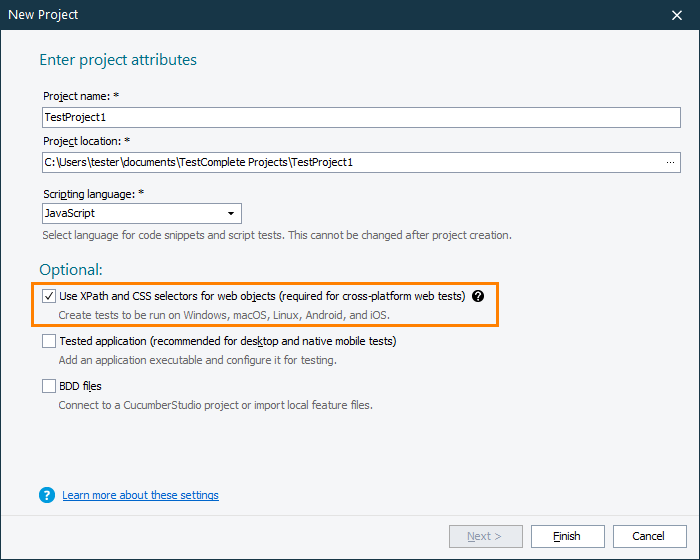 Enabling the 'Use XPath and CSS selectors for web objects' mode when creating a new project Enabling the 'Use XPath and CSS selectors for web objects' when creating a new project